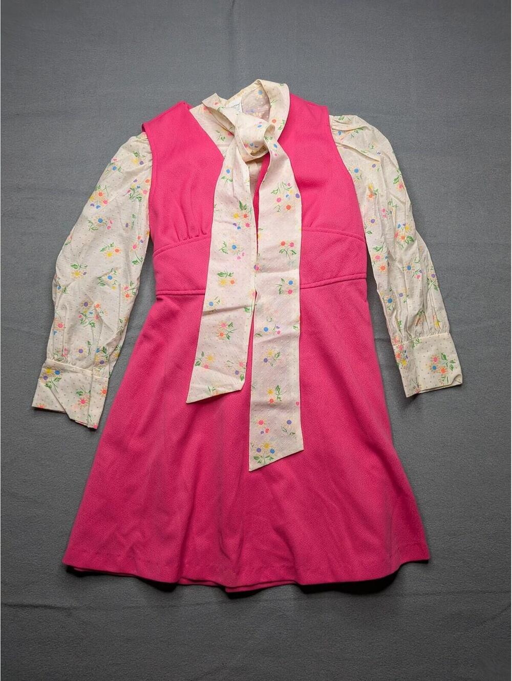 VTG JCPenney Dress Blouse Set Womens 10 Pink Floral Bow Tie A Line Mini 70s